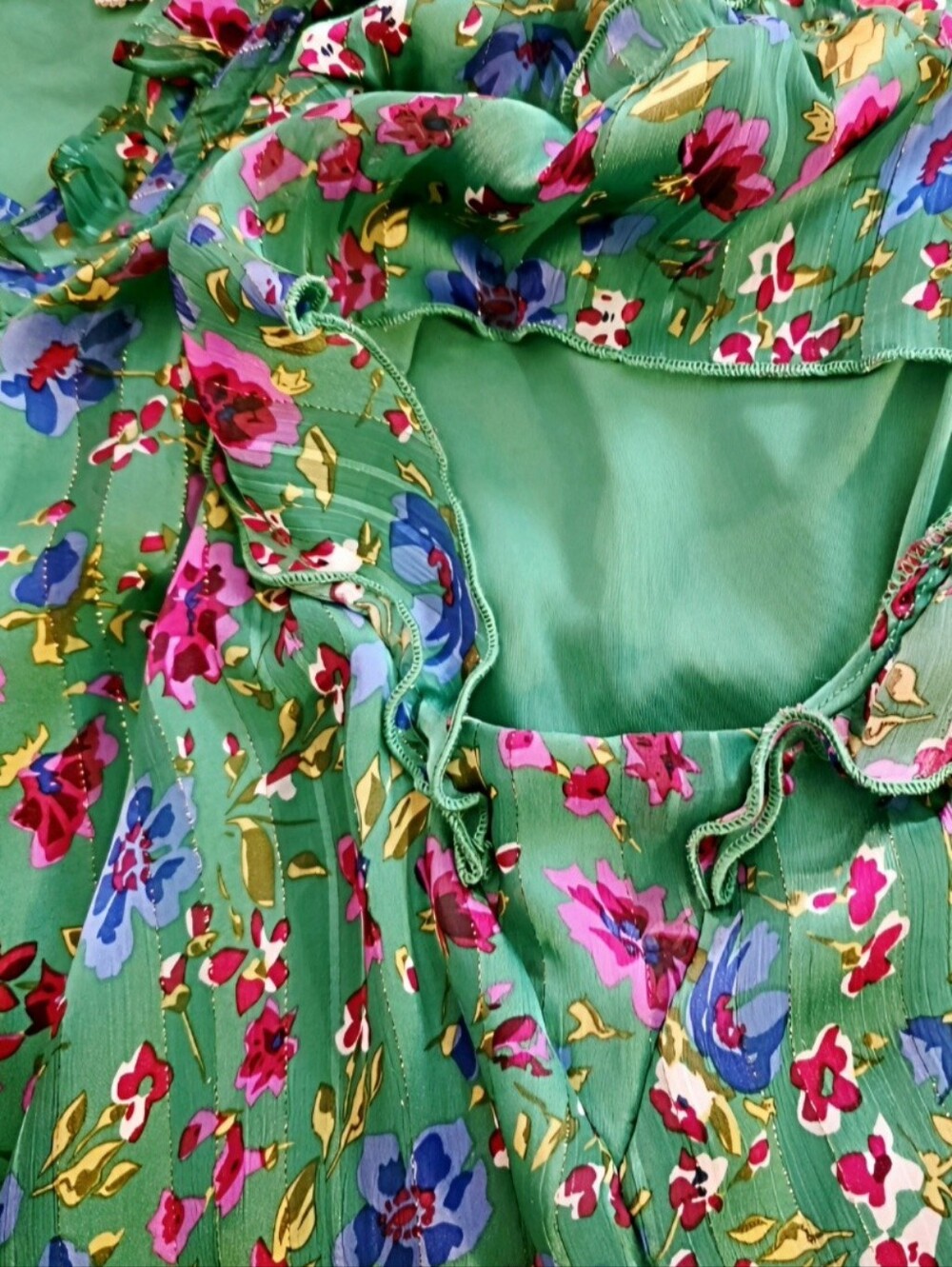 Tamara H Floral Pleated Ruffle Neck Flutter Sleeve Blouse Bubble Hem Green Large - Picture 12 of 12